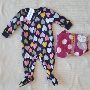 NWT Carter's Fleece Footed Sleepers Heart Patterned And Owl Size 6 Month Bundle